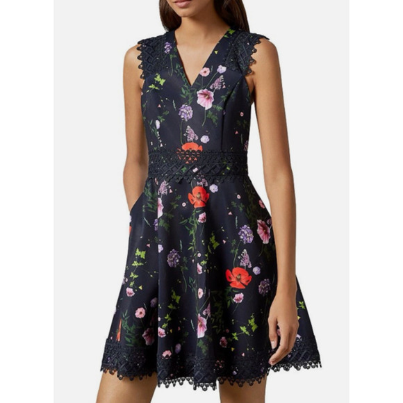Ted Baker Dresses & Skirts - Ted Baker Women's Mayo Hedgerow Print Lace Trimmed Skater Dress Blue-Sz 3/US 8